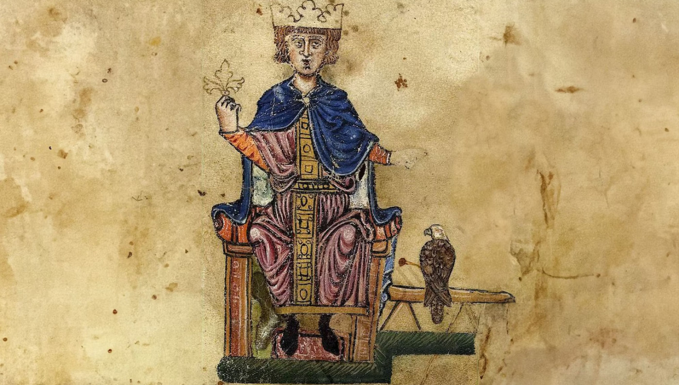 Federico II con il suo falco (De arte venandi com avibus, XIII sec.)
