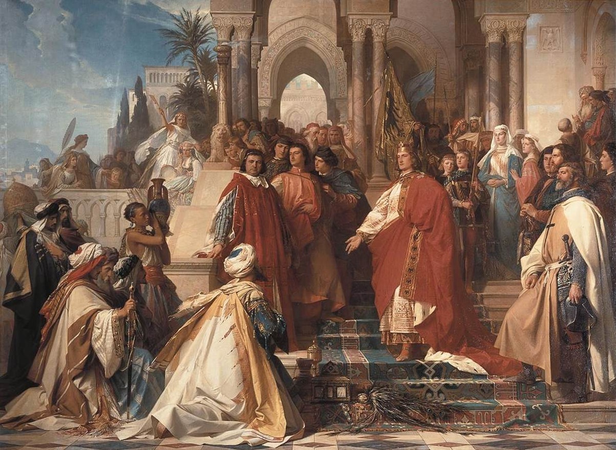 Non esistono miniature medievali che ritraggano la sfilata esotica di Federico II. Fu la pittura romantica dell'Ottocento, come in questa celebre tela di Arthur von Ramberg (1865), a tentare di restituire visivamente lo stupore e il fascino di una corte imperiale popolata da dotti arabi, milizie saracene e belve feroci